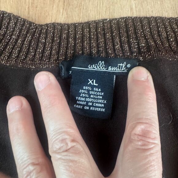 Willi Smith Brown Silk Blend Top XL Metallic Trim 3/4 Sleeve Shimmer Knit - Picture 3 of 4